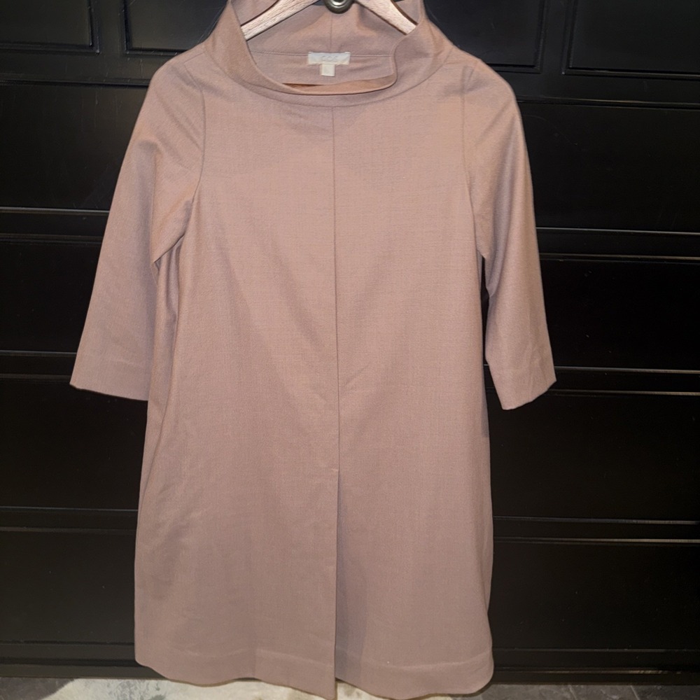 COS Folded Collar Shift Dress Tan Sz 2 US Half Sleeves Minimalist Wool Blend
